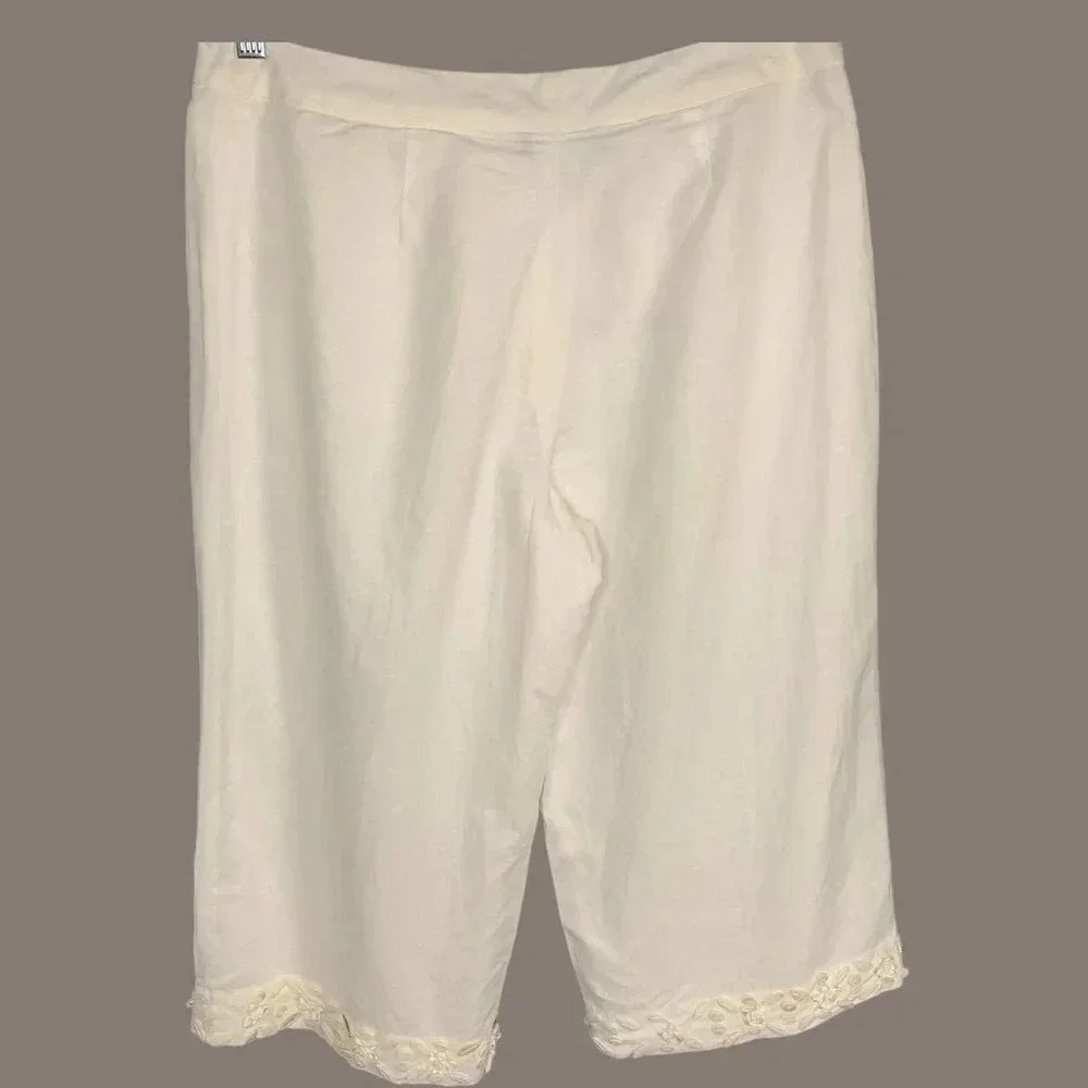 Spenser Jeremy Linen Blend Cropped Pants Women Size 12 White Shell Embellished